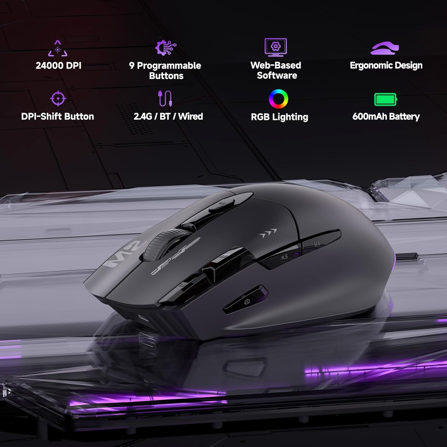TMKB M2 Wireless Gaming Mouse, 24K DPI, Tri-Mode 2.4G/BT/USB-C, 9 Buttons | Lightweight Ergonomic Grip, Programmable, 600mAh Rechargeable, DPI-Shift Button, RGB lighting, PTFE Feet, for PC Laptop Mac