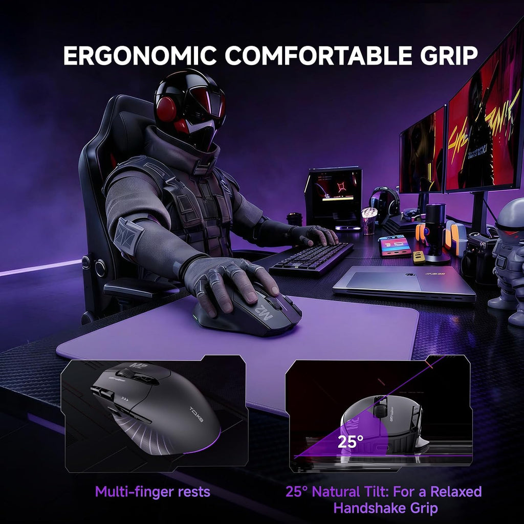 TMKB M2 Wireless Gaming Mouse, 24K DPI, Tri-Mode 2.4G/BT/USB-C, 9 Buttons | Lightweight Ergonomic Grip, Programmable, 600mAh Rechargeable, DPI-Shift Button, RGB lighting, PTFE Feet, for PC Laptop Mac
