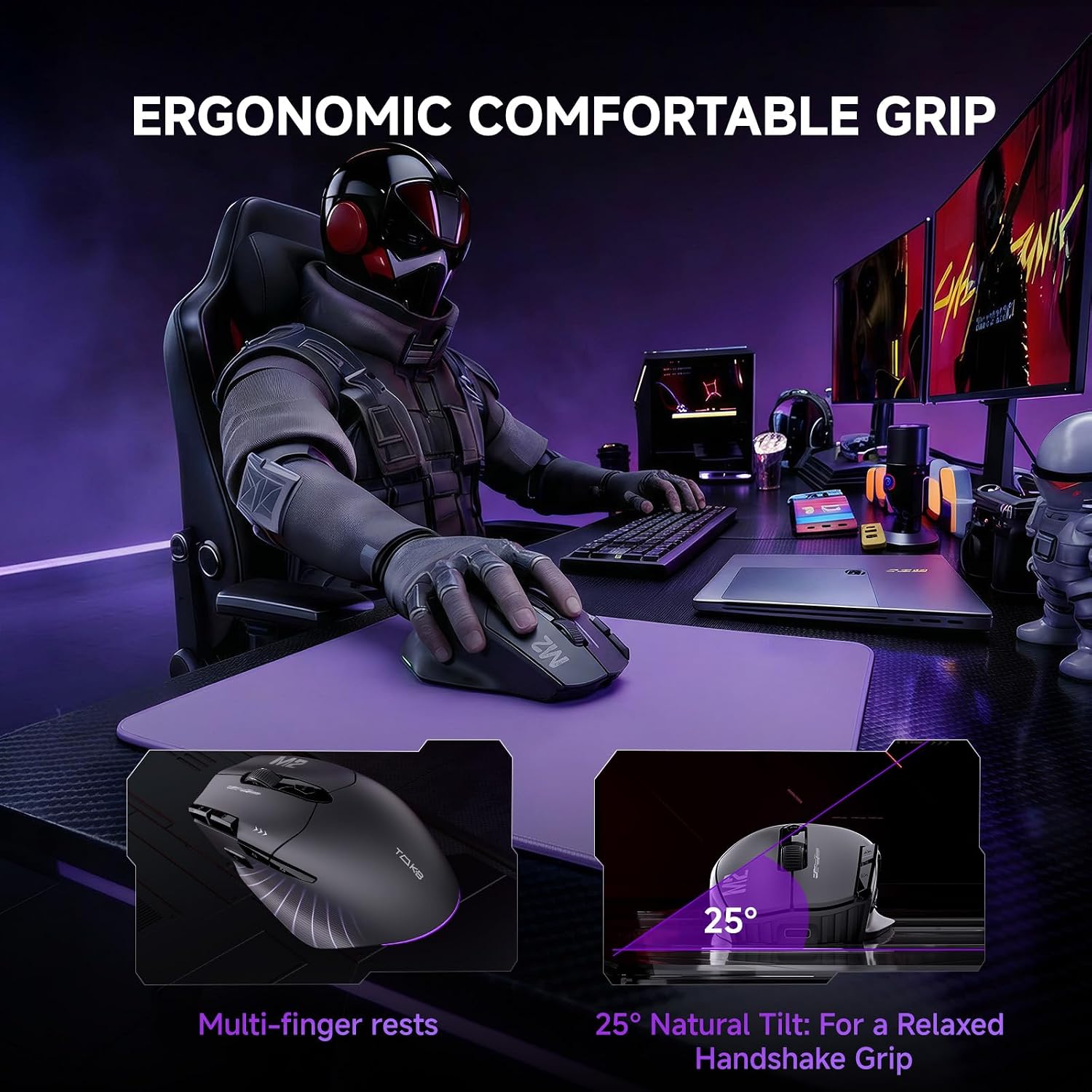 TMKB M2 Wireless Gaming Mouse, 24K DPI, Tri-Mode 2.4G/BT/USB-C, 9 Buttons | Lightweight Ergonomic Grip, Programmable, 600mAh Rechargeable, DPI-Shift Button, RGB lighting, PTFE Feet, for PC Laptop Mac