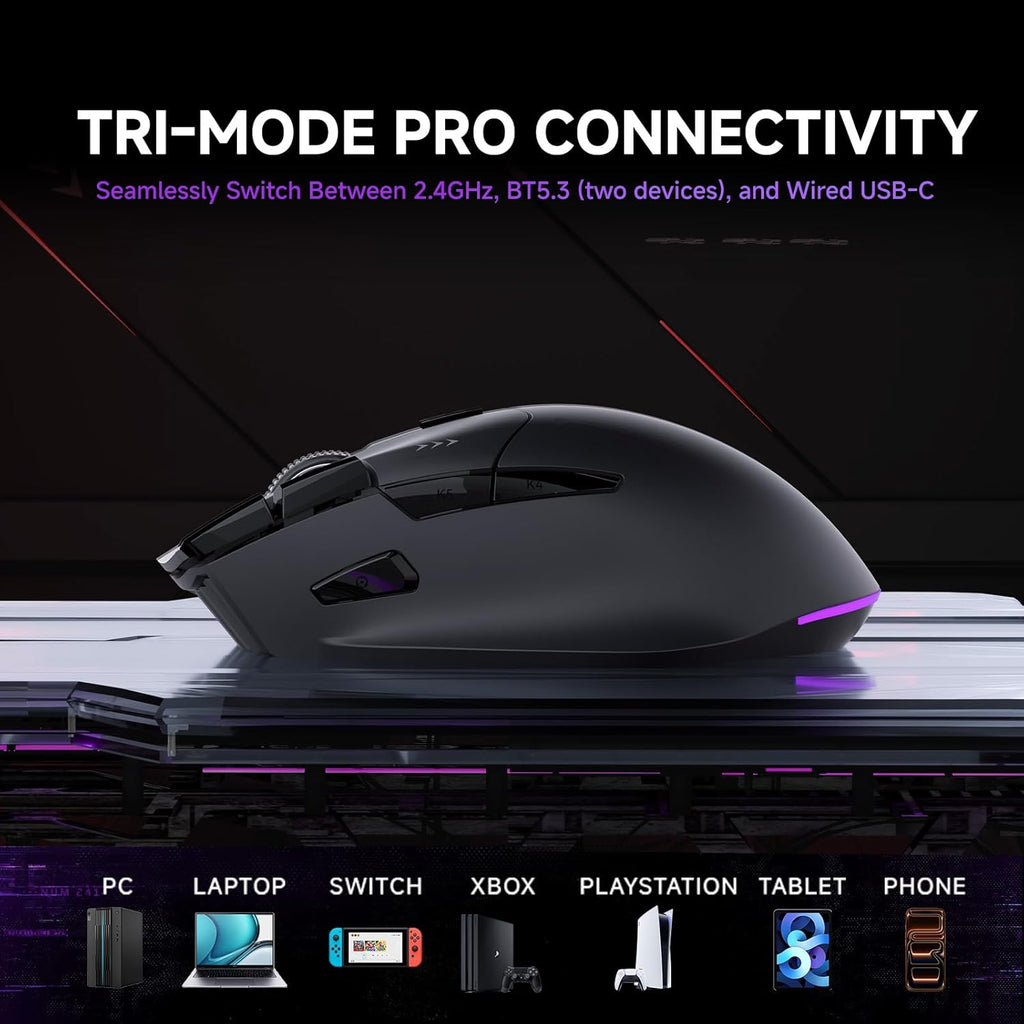 TMKB M2 Wireless Gaming Mouse, 24K DPI, Tri-Mode 2.4G/BT/USB-C, 9 Buttons | Lightweight Ergonomic Grip, Programmable, 600mAh Rechargeable, DPI-Shift Button, RGB lighting, PTFE Feet, for PC Laptop Mac